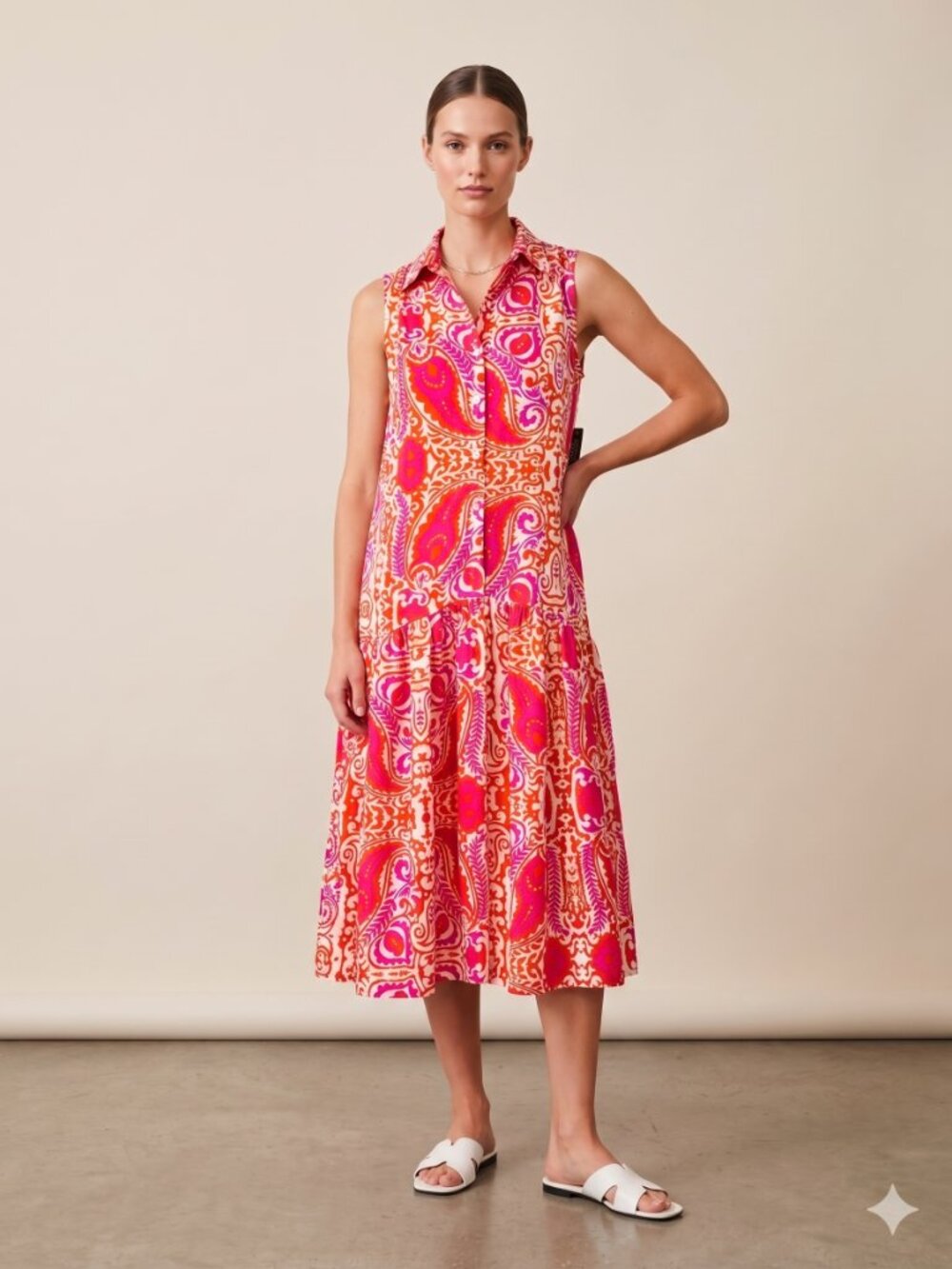 NWT Melloday Vibrant Pink & Orange Paisley Tiered Midi Shirtdress – Size Small
